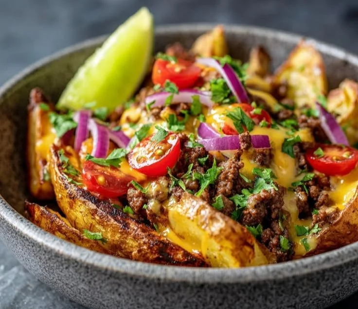 Delicious Loaded Fiesta Potato Bowls with colorful toppings and ingredients