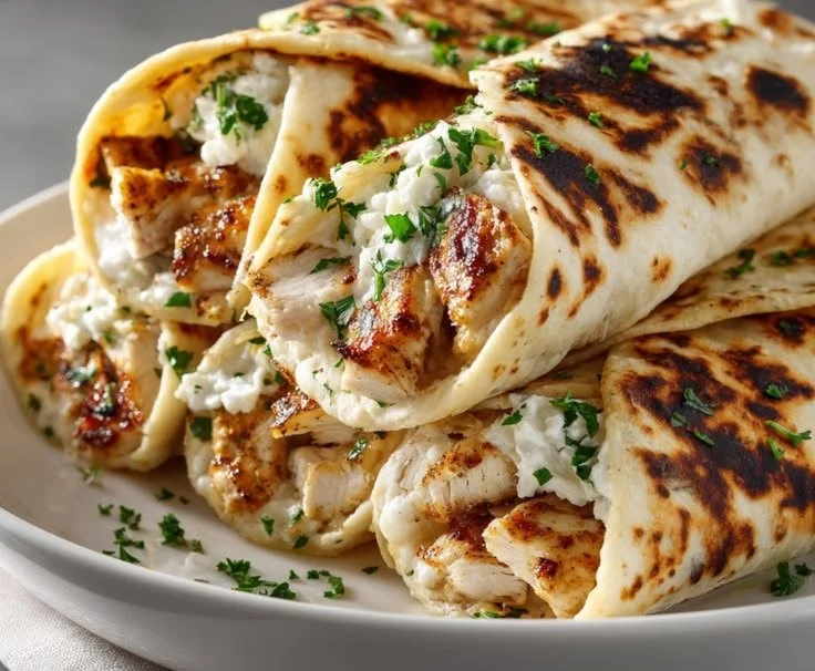 Low-carb cheesy garlic chicken wraps on a plate, perfect for weeknight meals.