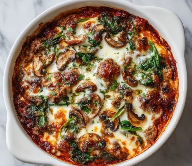 Delicious low-carb crustless pizza bowl topped with fresh ingredients