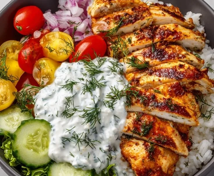 Delicious Mediterranean Chicken Tzatziki Bowl with fresh veggies and tzatziki sauce