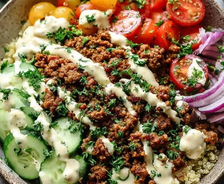 Mediterranean Ground Turkey Bowl packed with fresh vegetables and spices