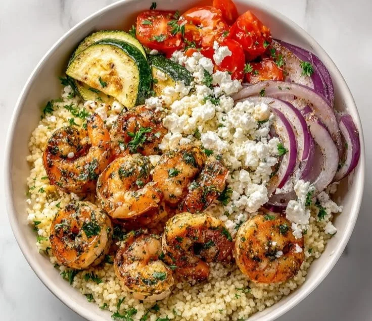Delicious Mediterranean shrimp dish with fresh herbs and vegetables
