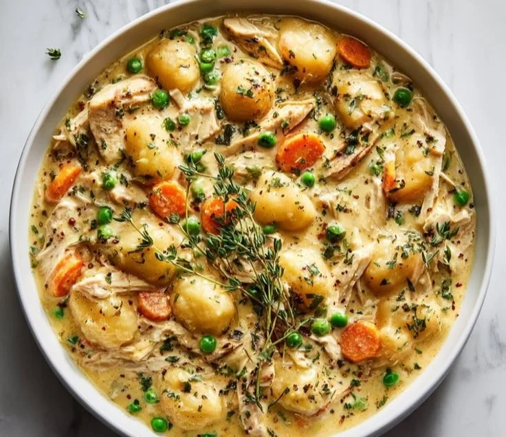 One Pot Gnocchi Chicken Pot Pie served in a bowl with herbs and vegetables.