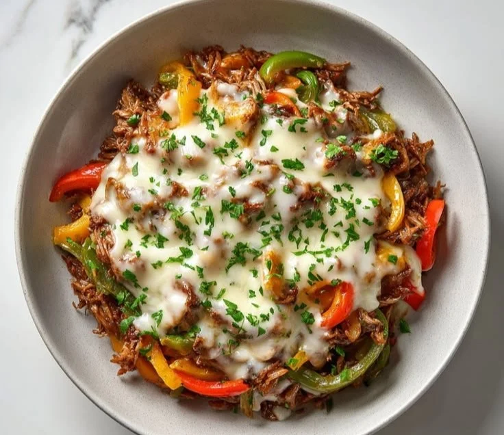 Delicious Philly cheesesteak bowl topped with melted cheese and fresh ingredients
