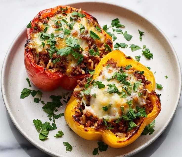 Healthy protein-packed stuffed bell peppers on a plate