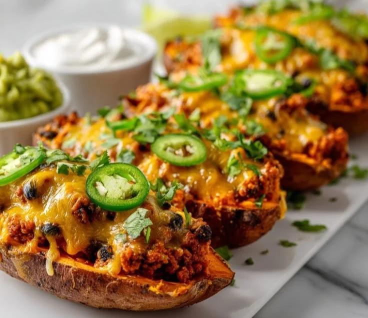 Protein-packed sweet potato boats topped with veggies and seasonings