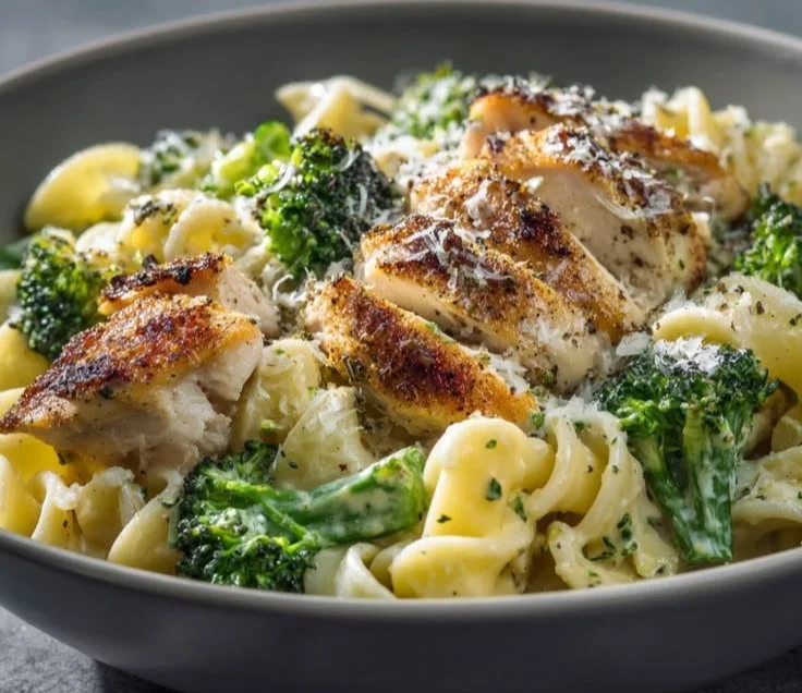 Rotisserie chicken and broccoli pasta served in a bowl