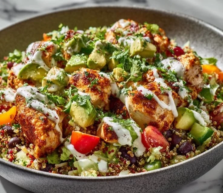 Savory chicken quinoa bowls topped with fresh vegetables and herbs.