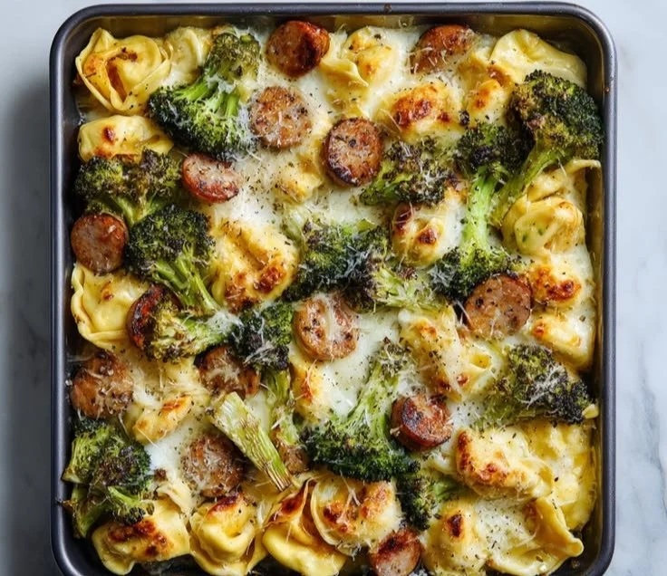 Sheet Pan Broccoli Tortellini Bake with vegetables and cheese