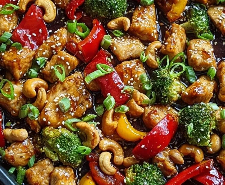 Sheet pan cashew chicken with vegetables, crispy and saucy weeknight meal.