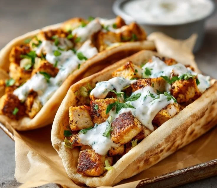 Delicious sheet pan chicken pitas ready to serve with fresh toppings