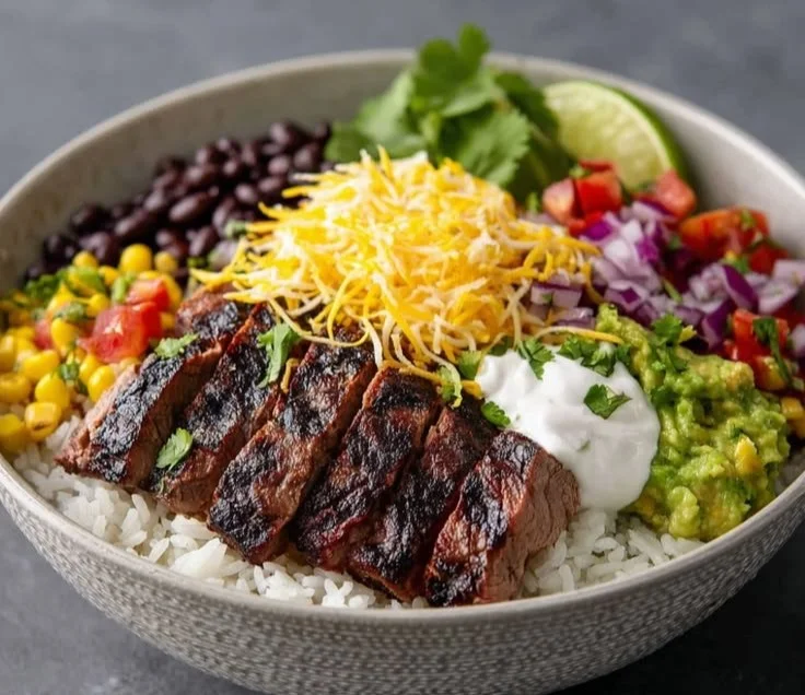 Delicious Steak Burrito Bowl with grilled steak, rice, and fresh toppings