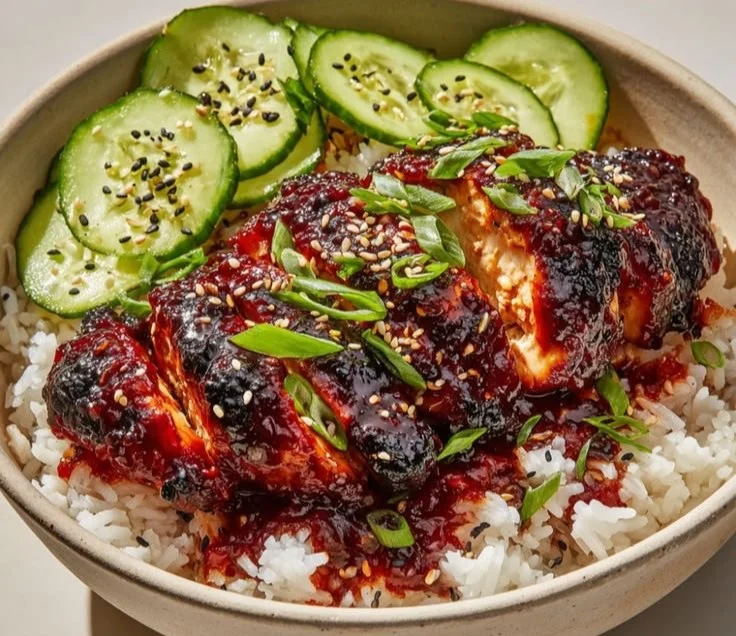 Delicious Sticky Honey Gochujang Chicken garnished with herbs.