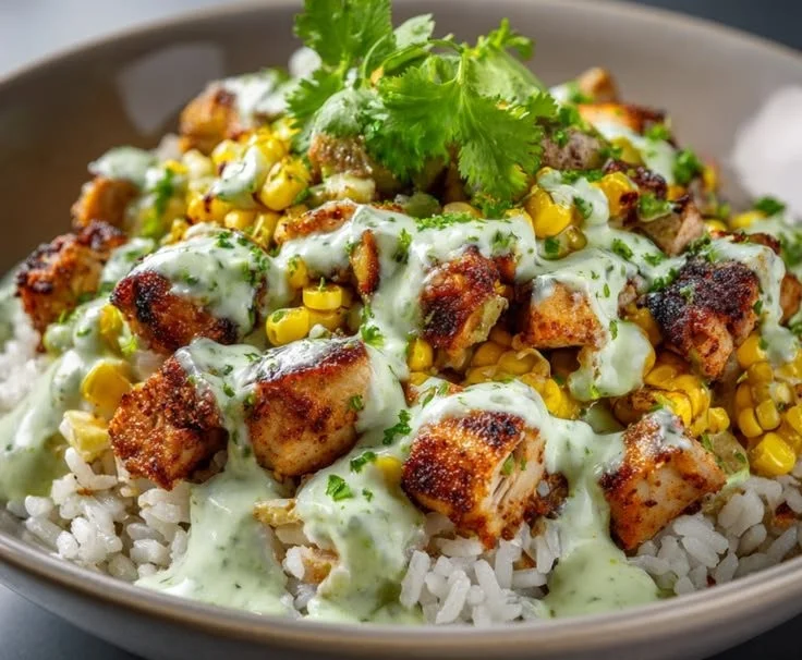 Delicious street corn chicken rice bowl with grilled chicken and fresh corn