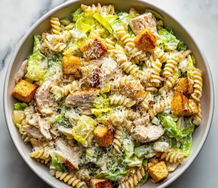 Delicious Sunlit Caesar Chicken Pasta Salad served in a bowl with fresh ingredients.