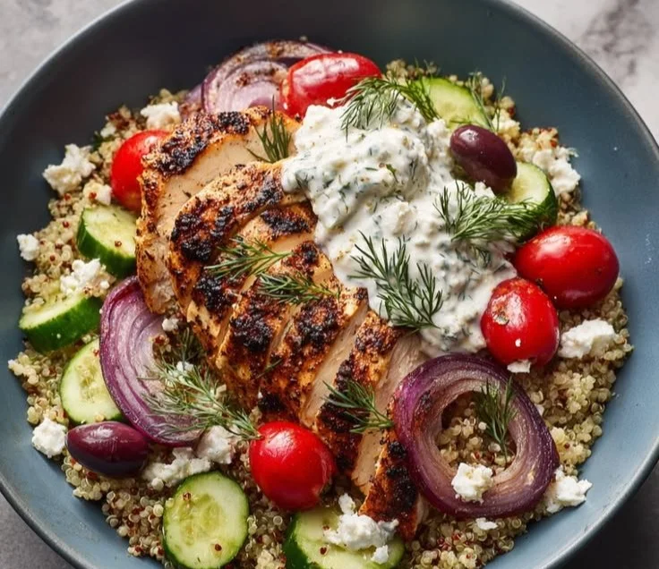 Sunny Greek chicken bowl with roasted veggies, quinoa, and tzatziki sauce