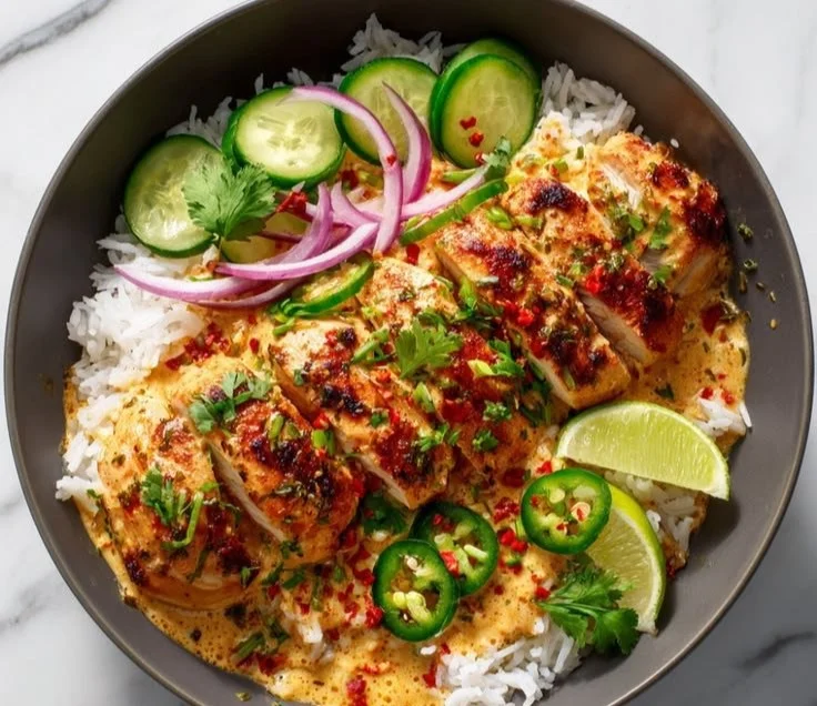 Delicious Sweet Chili Chicken Bowl garnished with fresh herbs and vegetables