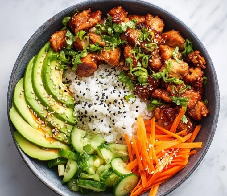 Delicious hot honey chicken bowl with vibrant veggies and a sweet spicy glaze.