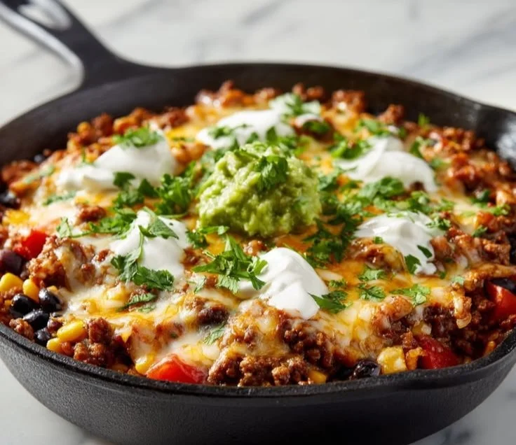 Delicious Taco Skillet served in a cast-iron pan with vibrant toppings.