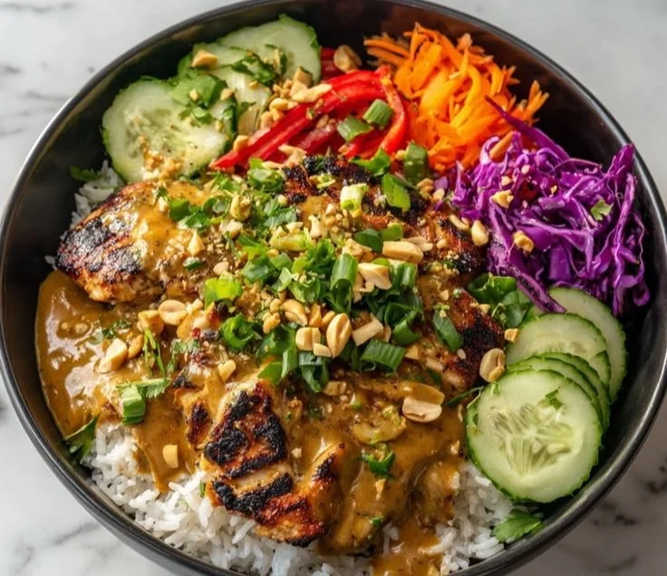 Delicious Thai-inspired Peanut Chicken Bowl with vibrant vegetables and creamy sauce.