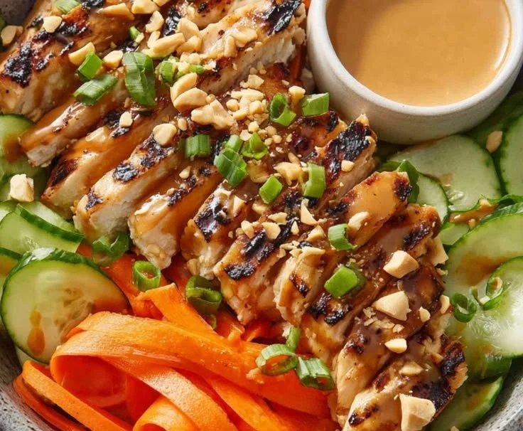 Thai Peanut Chicken Bowl with creamy peanut sauce, lime, and colorful vegetables