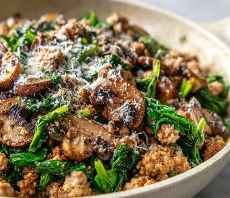 Turkey Spinach Mushroom Skillet dish served in a pan, healthy and delicious meal.