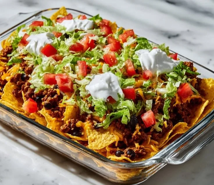 Walking Taco Casserole with cheese, chips, and toppings baked to perfection.