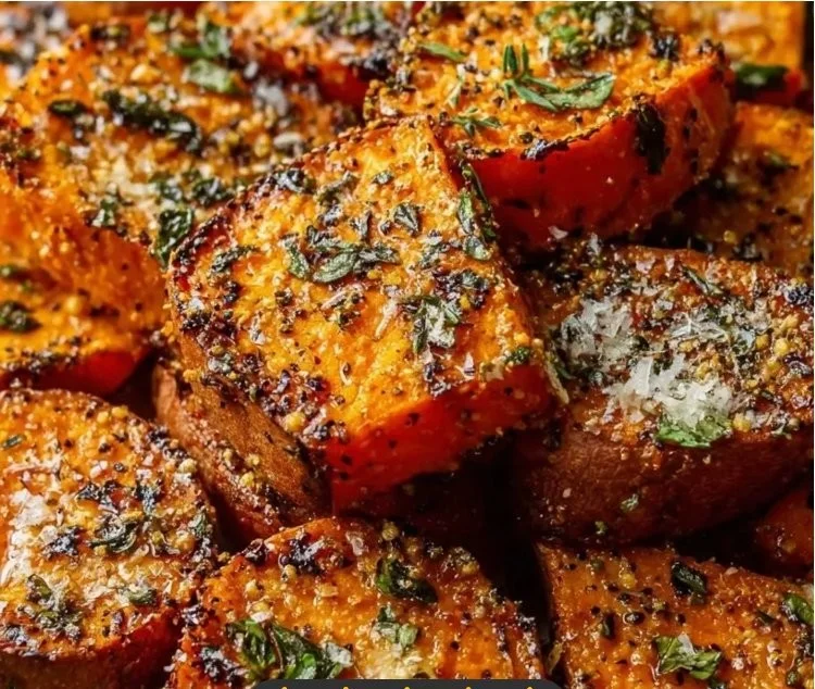 One pan Garlic Parmesan Chicken with roasted sweet potatoes