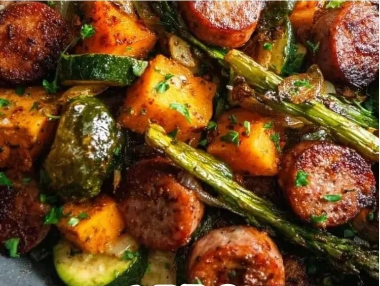 1-Pan Sausage Veggie Dinner Ready in 35 Minutes with fresh vegetables