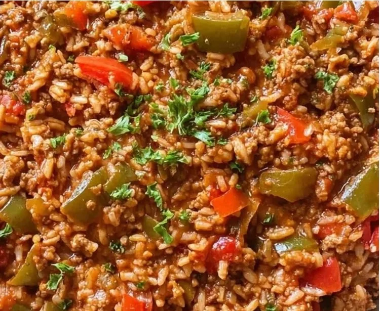 One pan unstuffed pepper skillet dinner made with ground beef