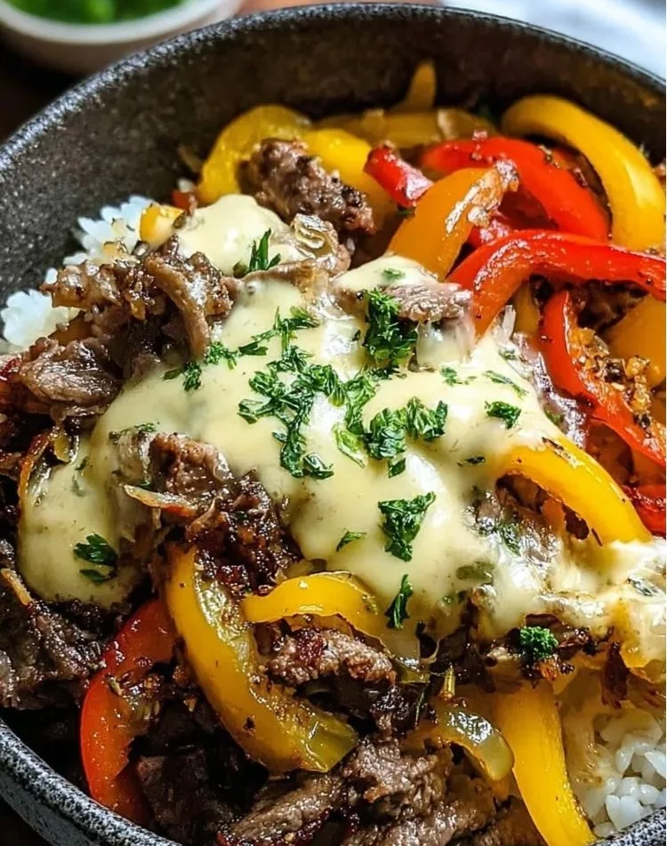 A delicious bowl of Philly cheesesteak ingredients ready to serve in 25 minutes.