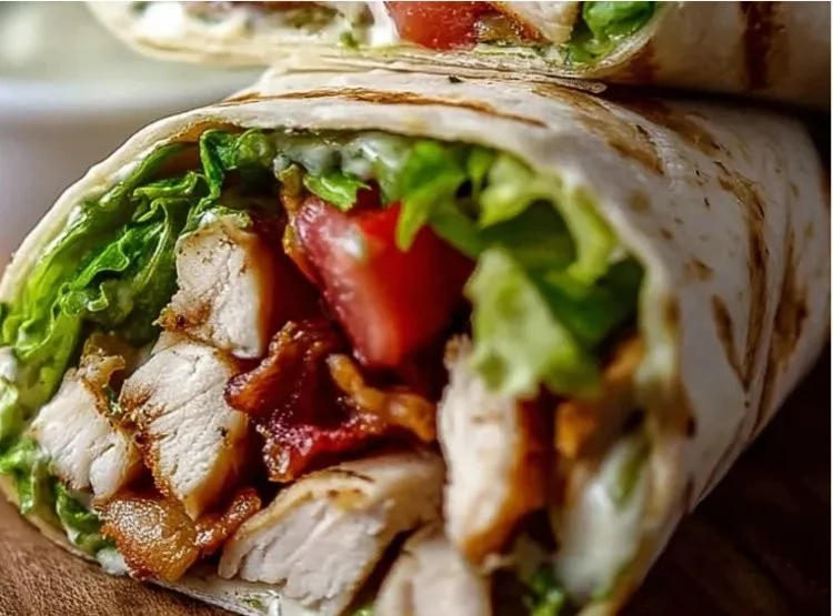 Healthy chicken wrap with bacon, lettuce, and tomato for meal prep