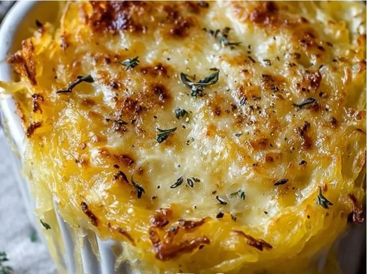 Cozy creamy spaghetti squash au gratin served in a baking dish