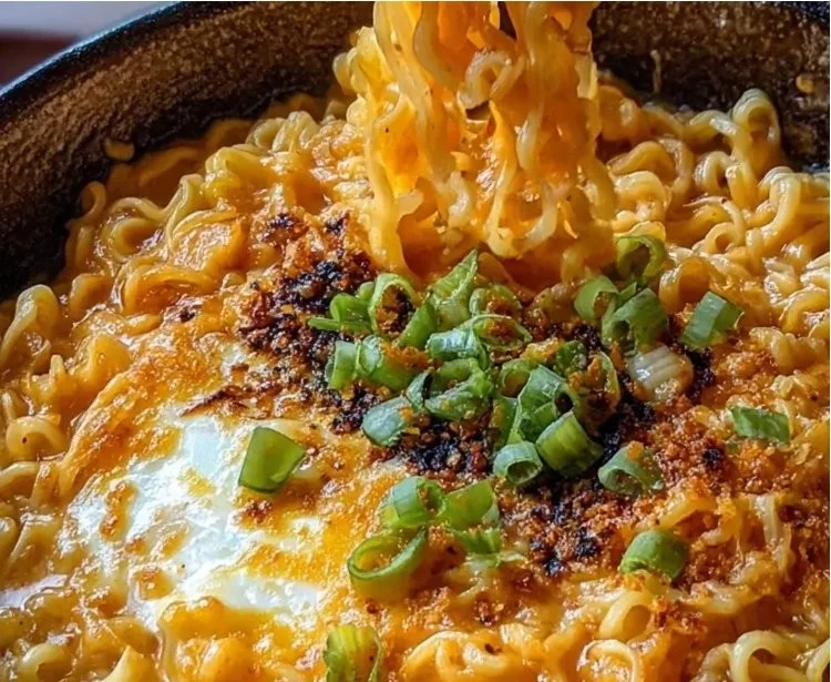 Bowl of creamy cheesy ramen noodles topped with protein enhancements