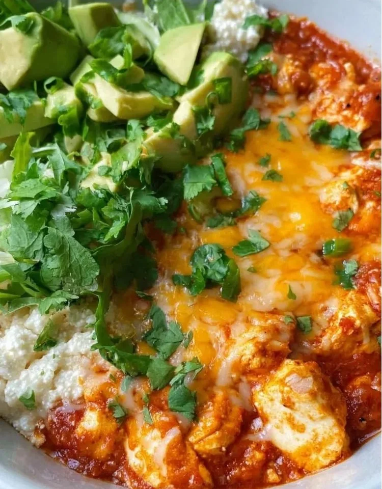 Creamy cottage cheese enchilada bowl served with toppings
