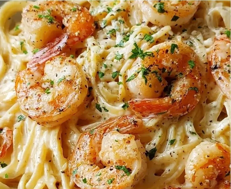 Creamy garlic shrimp pasta topped with a Greek yogurt sauce for a healthy meal