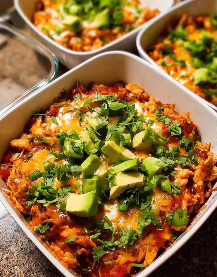 Creamy high protein chicken enchilada bowls ready to serve.