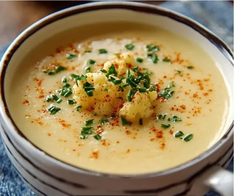 Delicious creamy sharp cheddar cauliflower soup topped with Greek yogurt and herbs.