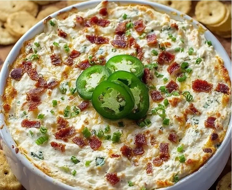 Creamy cottage cheese jalapeño popper dip in a serving bowl