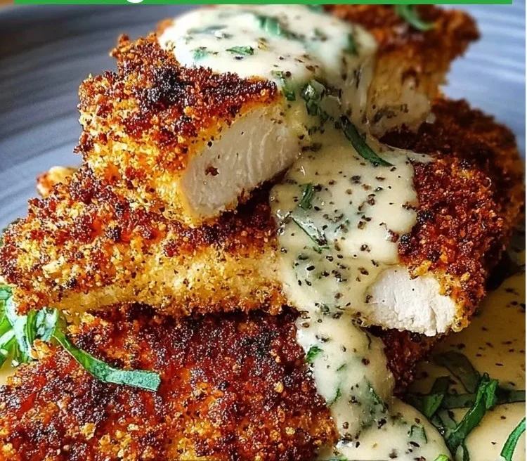 Garlic cream sauce chicken served in a cozy dining setting with herbs