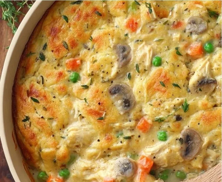 High protein chicken pot pie without crust served in a bowl