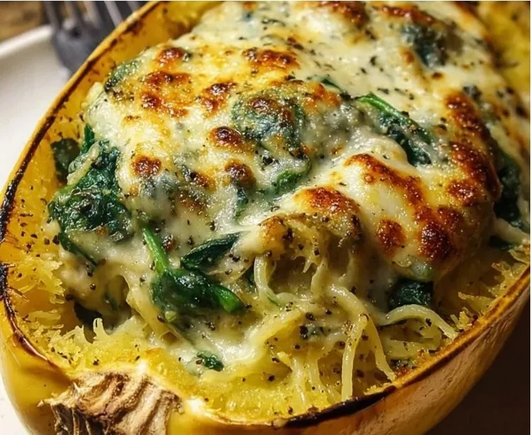 Healthy spinach and artichoke stuffed spaghetti squash dish on a rustic table