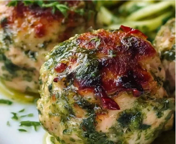 Delicious pesto turkey meatballs served with fresh herbs and a side of vegetables.