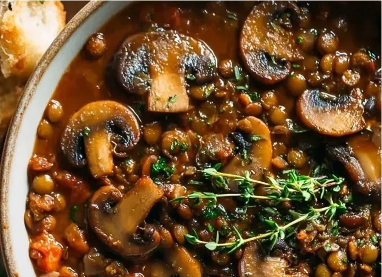 A bowl of hearty lentil mushroom stew with fresh herbs and vegetables.