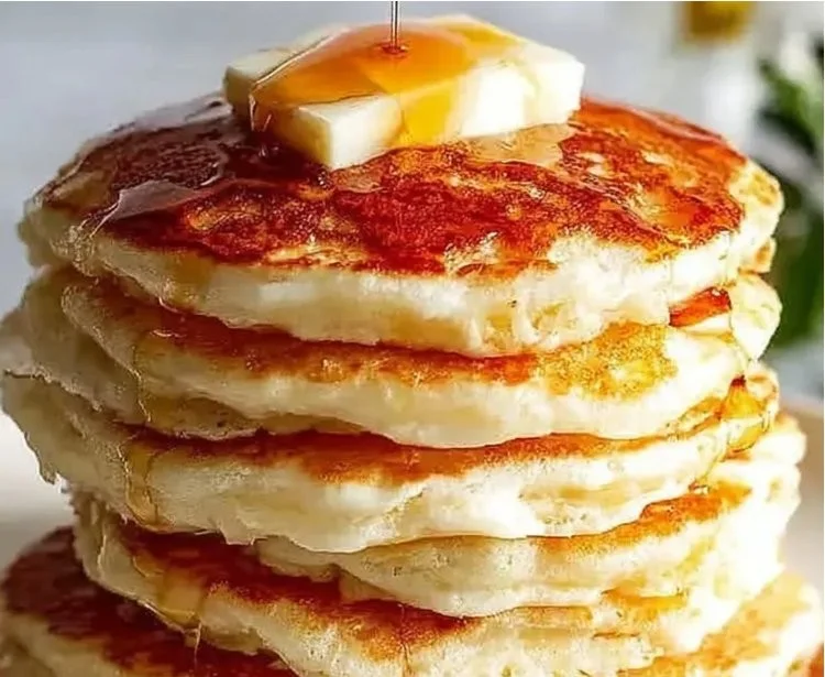 Fluffy Greek yogurt pancakes stacked and topped with fresh berries and syrup