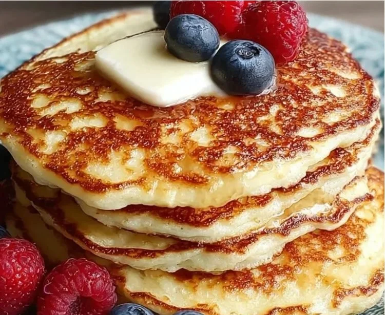 Fluffy cottage cheese pancakes stacked on a plate with syrup and berries.