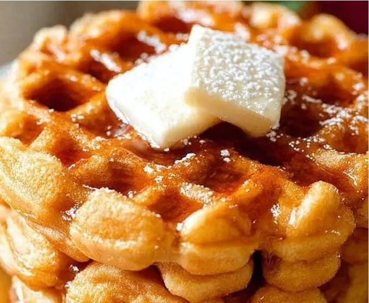 Plate of fluffy high-protein waffles topped with berries and syrup