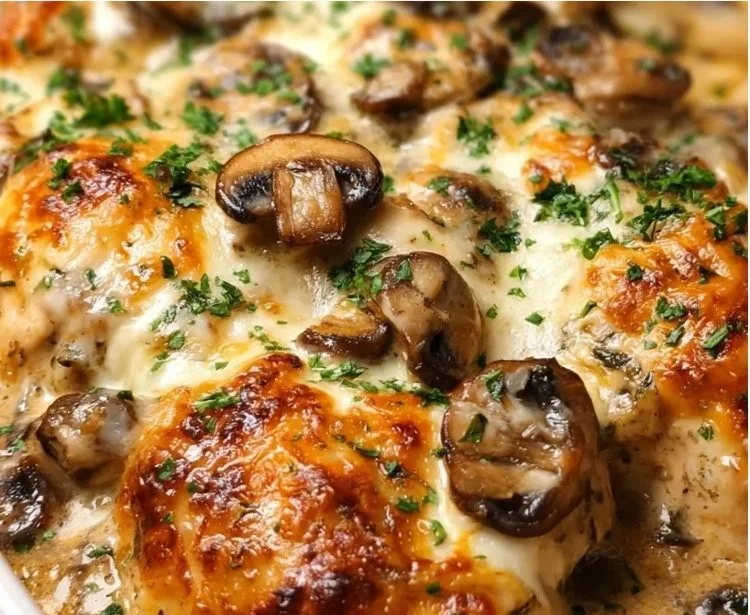 Delicious Garlic Mushroom Chicken Casserole served in a stylish baking dish