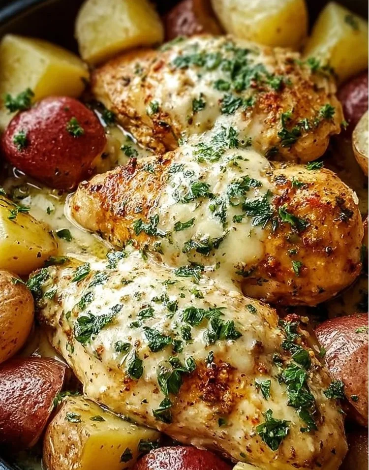 Garlic Parmesan Chicken with potatoes in a slow cooker