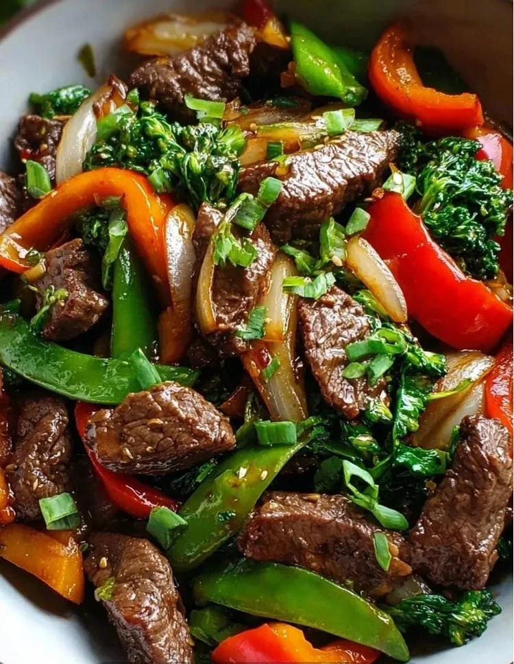 Healthy beef stir fry with vegetables served in a bowl